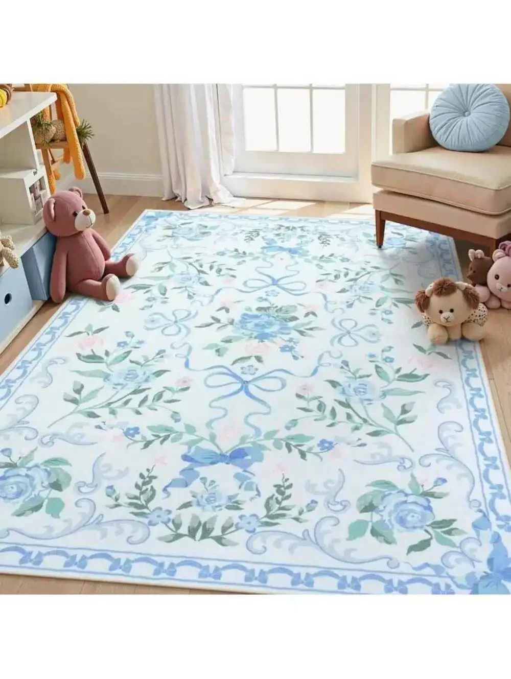 Blue pink roses Floral Rug 5x7 for Girls Bedroom or Nursery, Cute Bow Washable